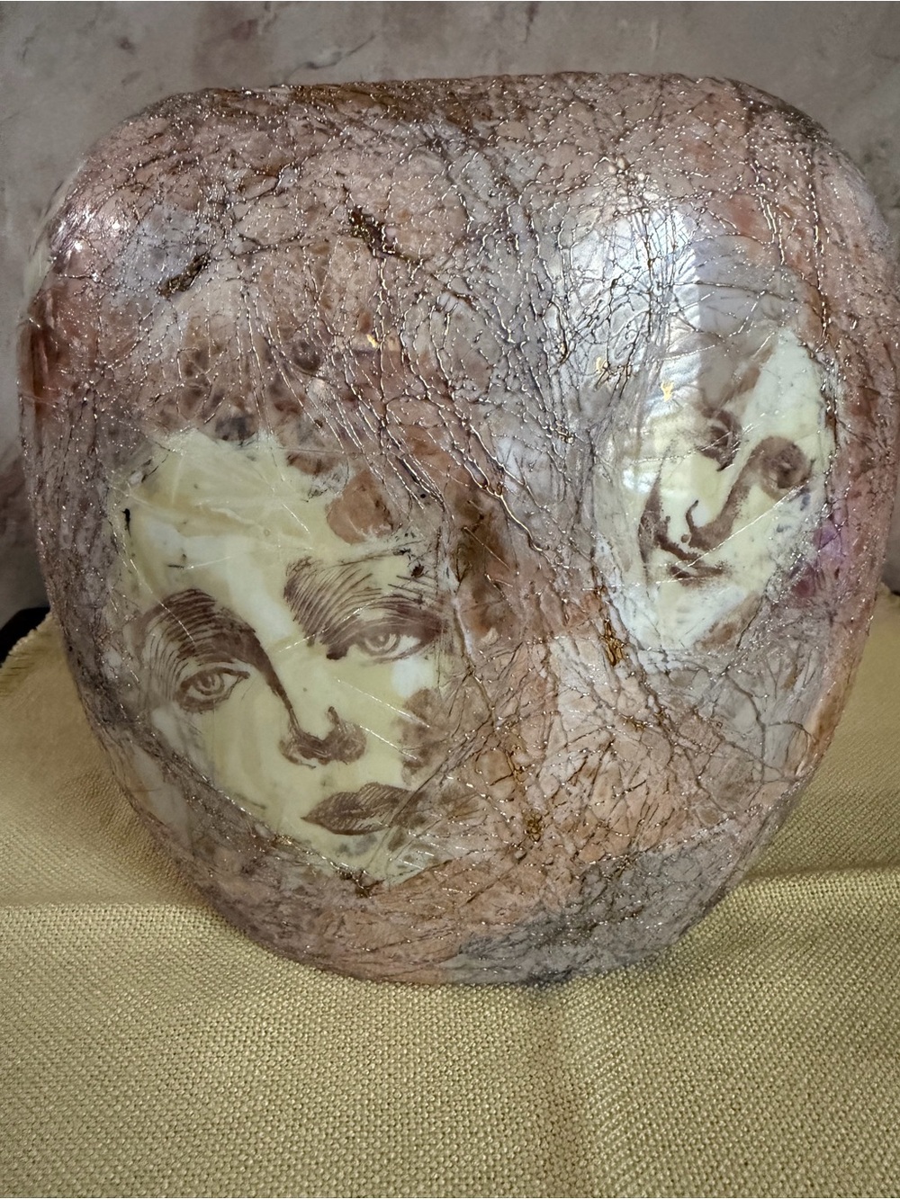 Pink Crackle Ceramic Vase with Artistic Face Motif